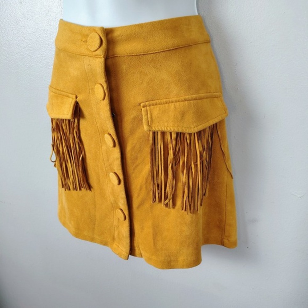 Flying Tomato Mustard Yellow vegan Suede Fringe Button Front Mini Skirt M native - Picture 2 of 7
